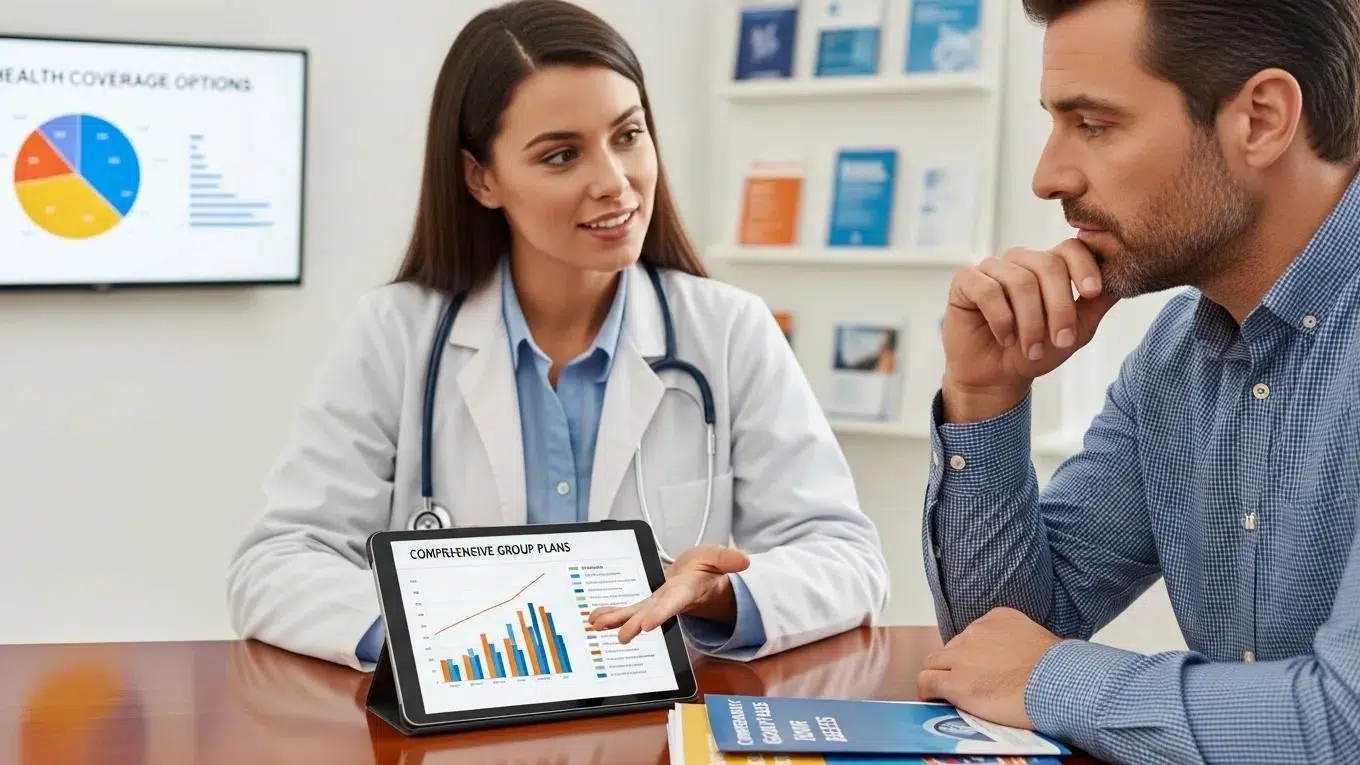 Healthcare professional discussing group health insurance options with a small business owner