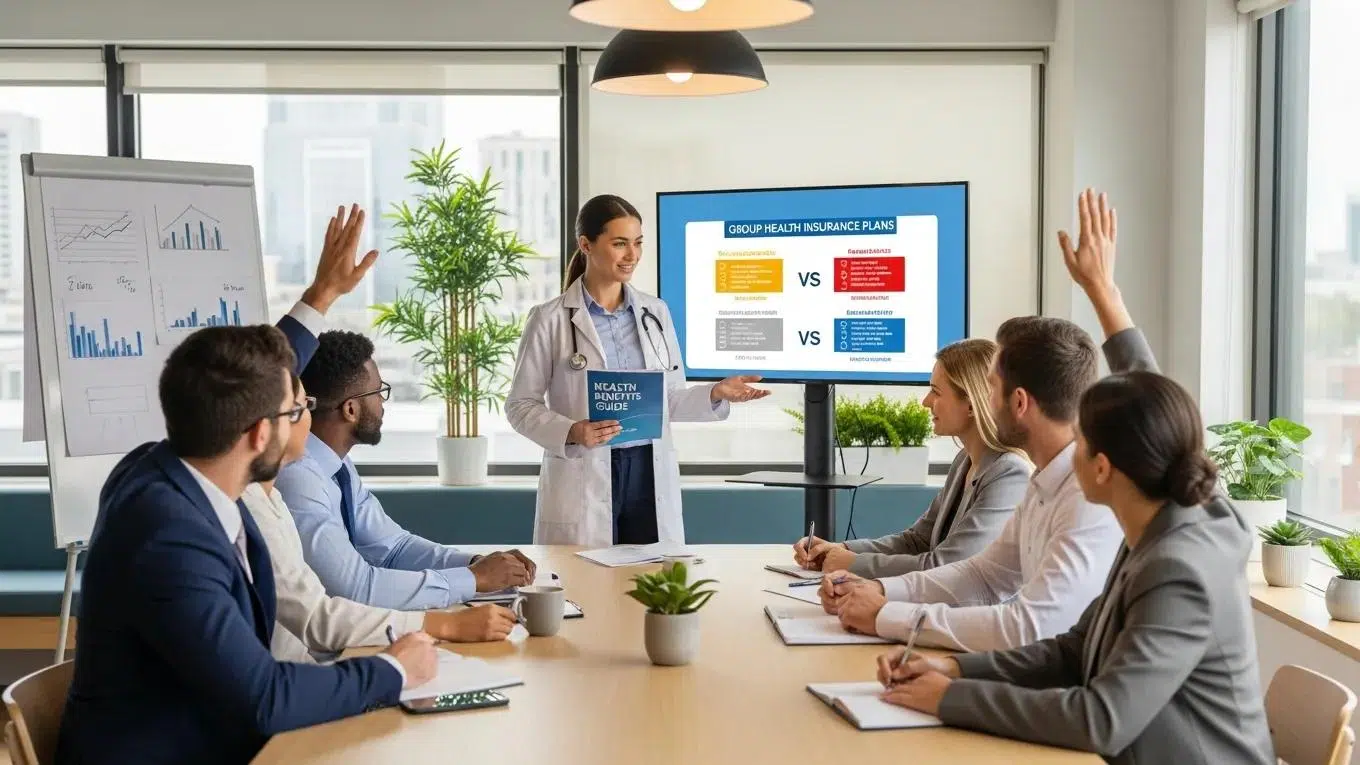 Healthcare professional discussing group health insurance options with employees