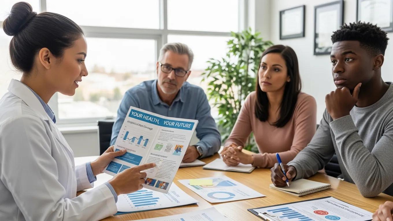 Healthcare professional explaining essential employee benefits to a small group in an office