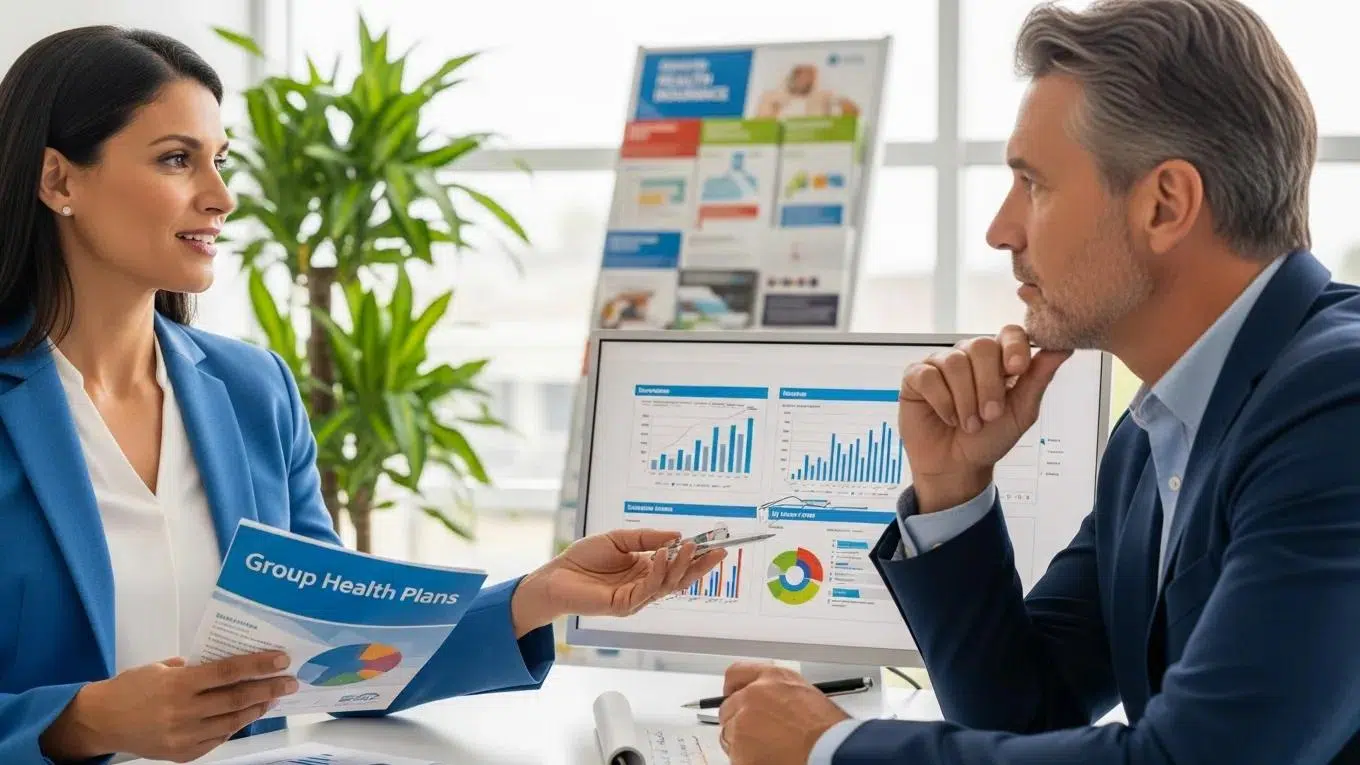 Healthcare professional explaining group health insurance options to a business owner