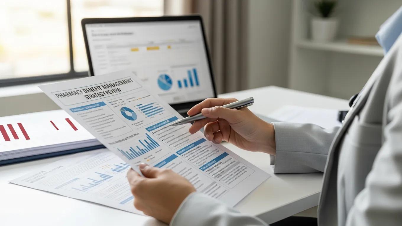 Healthcare professional reviewing pharmacy benefit management documents