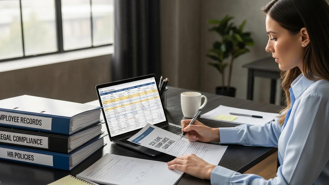 HR manager reviewing ESTA employer obligations and compliance documents in an office