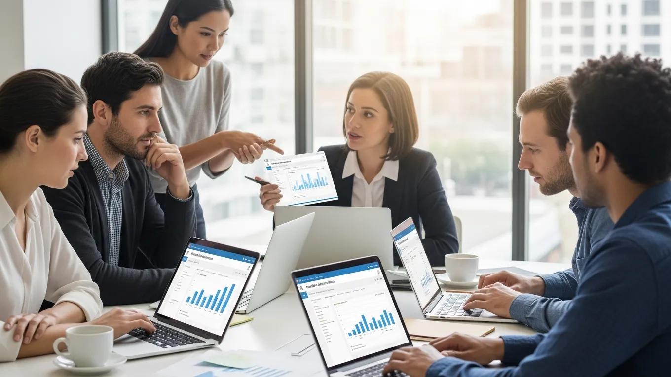 HR professionals collaborating on benefits administration software in a modern office, analyzing data and streamlining employee benefits management.