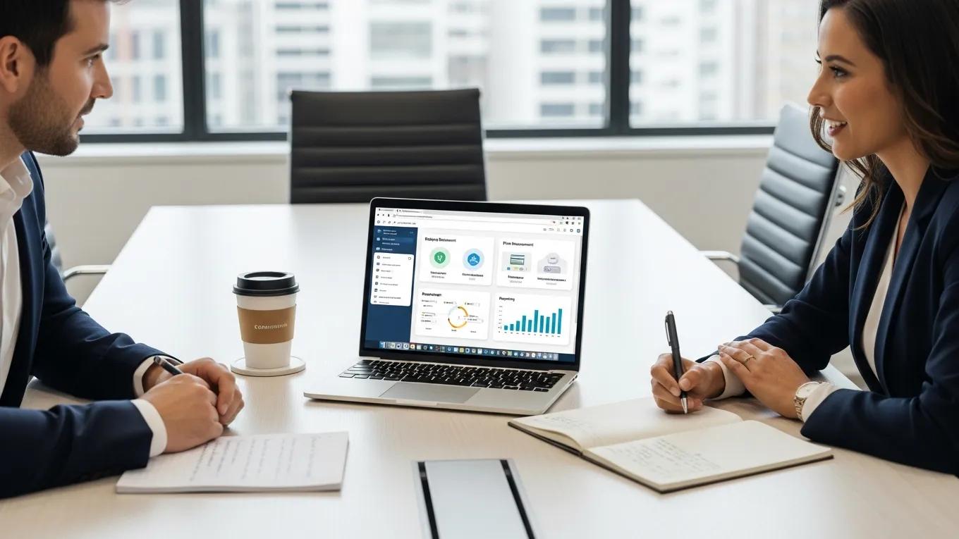 HR professionals collaborating on benefits administration software in a modern office