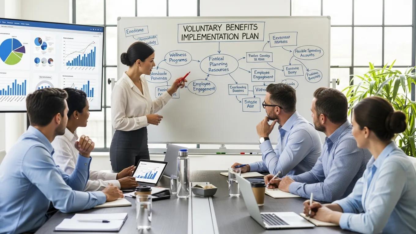 HR professionals strategizing the implementation of voluntary benefits in a meeting