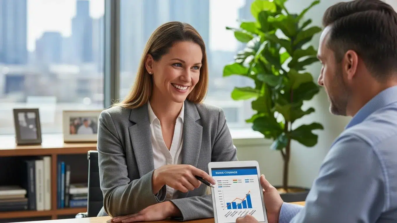 Insurance agent explaining business insurance options to a small business owner