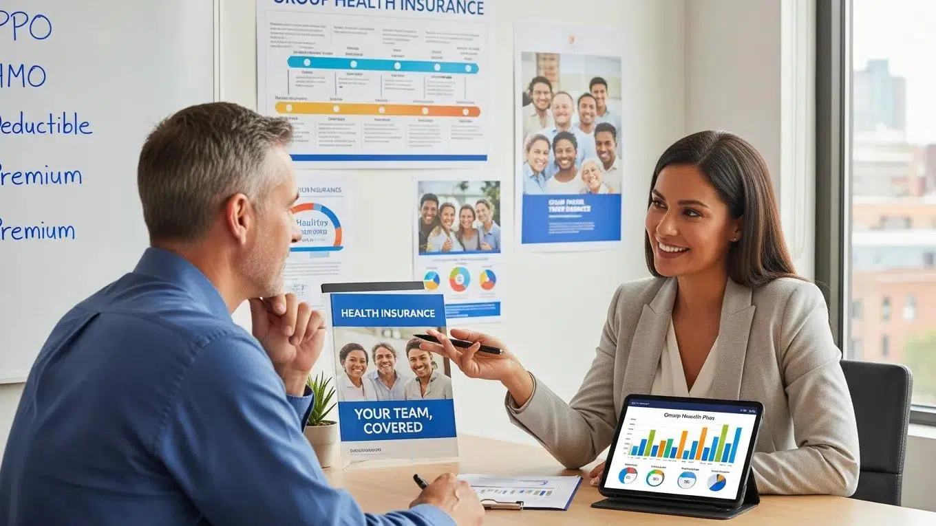 Insurance agent explaining group health insurance options to a business owner