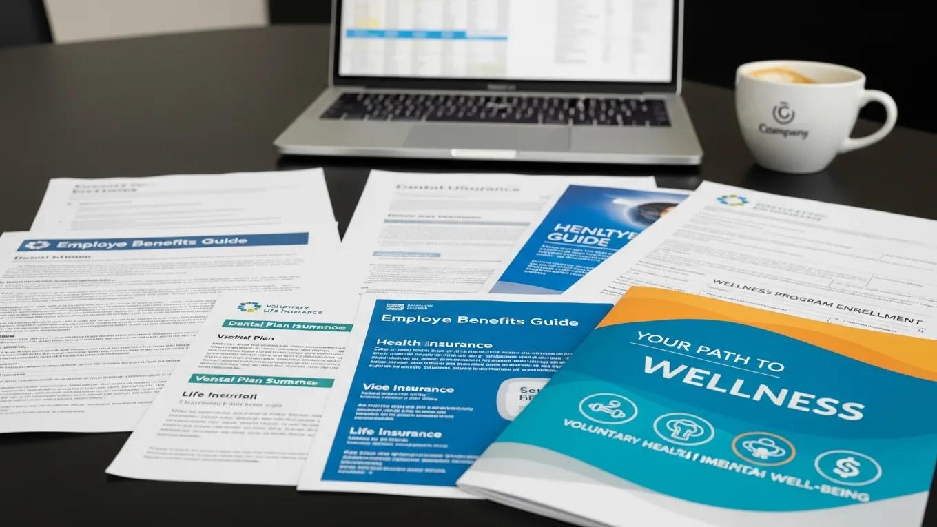 Insurance documents and wellness materials representing the impact of voluntary benefits on employee loyalty