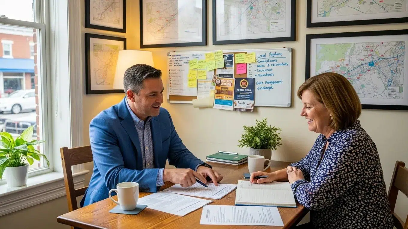 Local broker advising a small business owner on compliance and cost management strategies in a community-focused setting