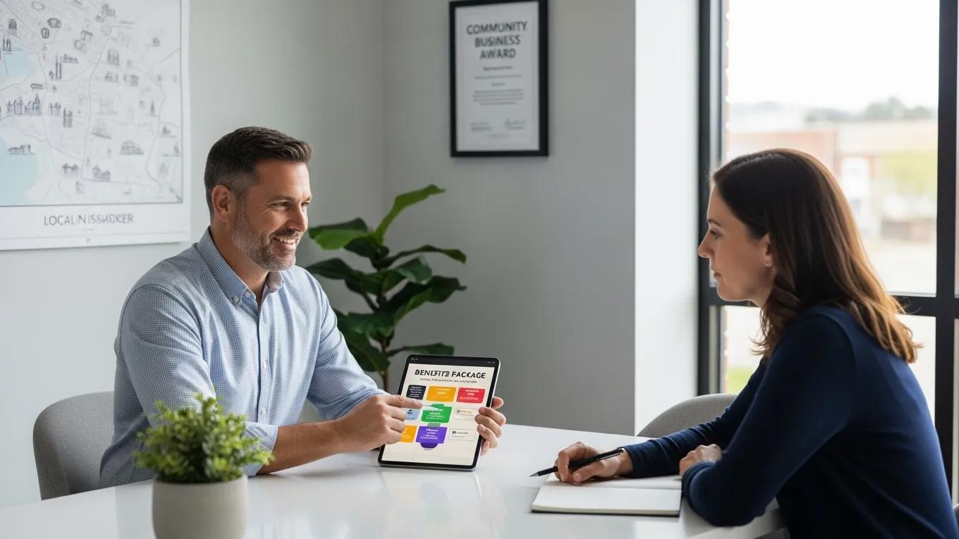 Local broker assisting a small business owner with employee benefits