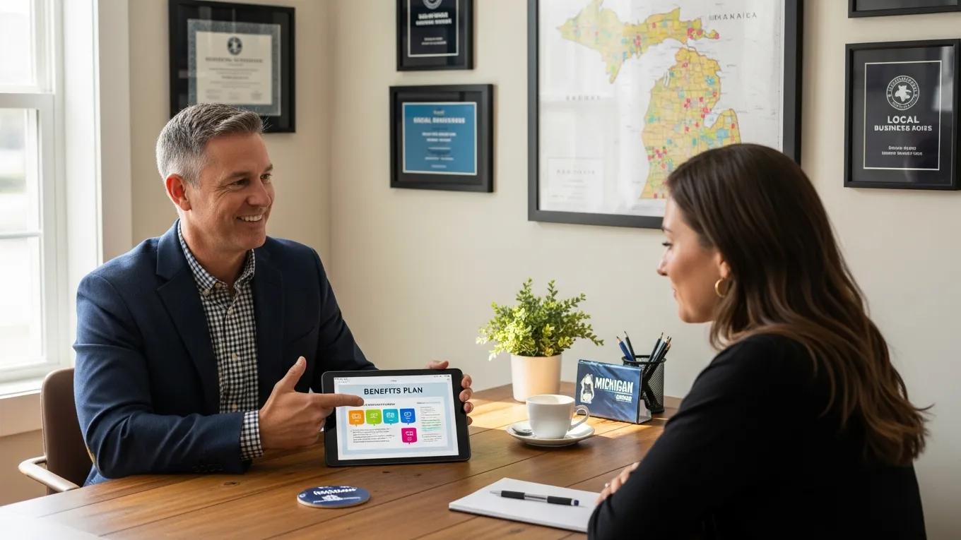 Local insurance broker discussing employee benefits with a small business owner in Michigan