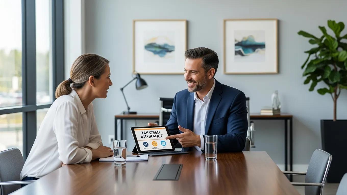 Local insurance broker presenting tailored options to a mid-market employer in an office