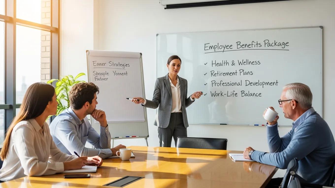 Manager presenting employee benefits strategies to engaged employees in a conference room