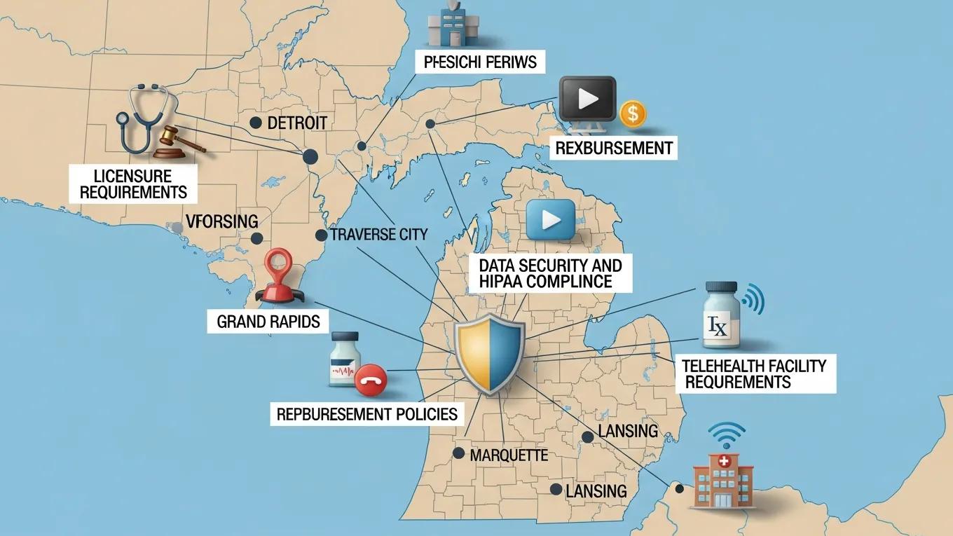 Map of Michigan with telehealth icons representing key regulations and compliance laws for employers
