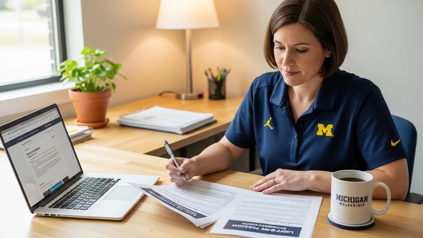 Michigan employee reviewing long-term disability insurance documents at a desk