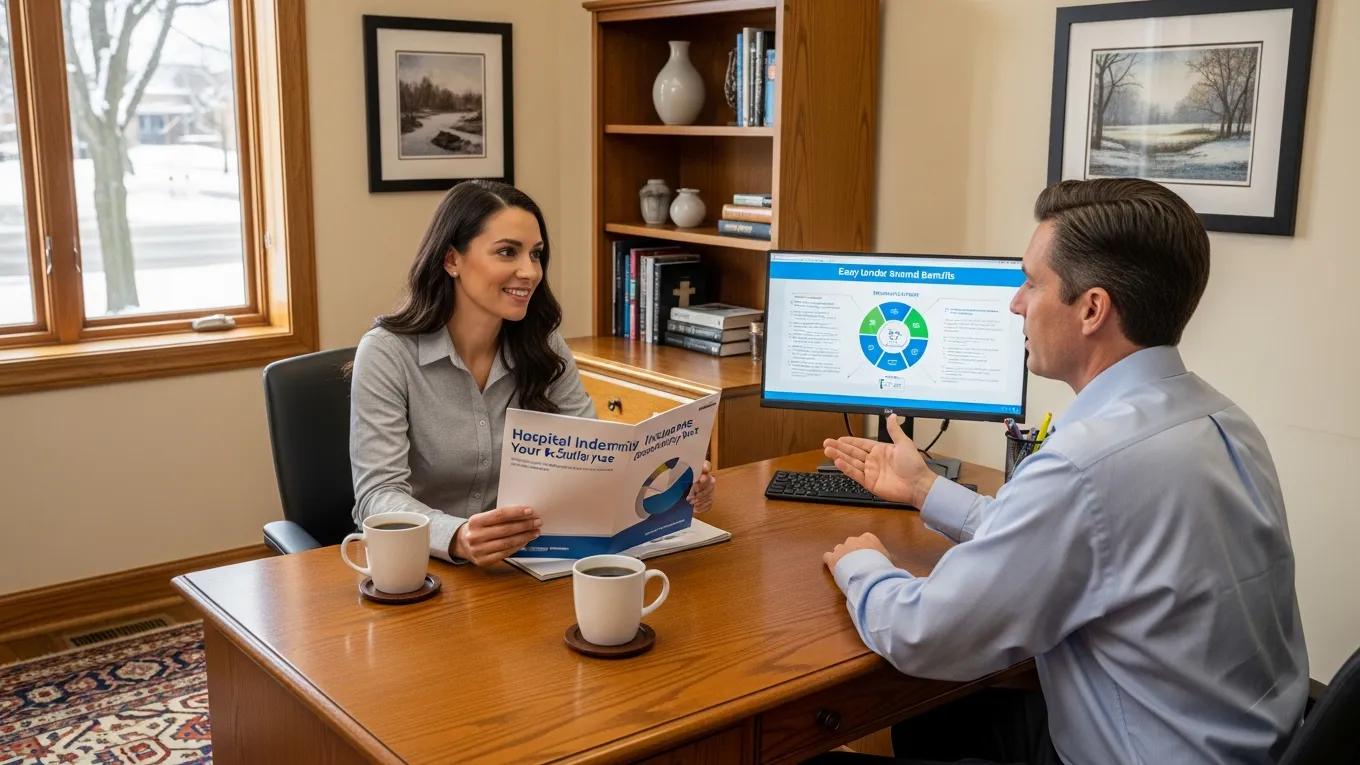 Michigan employees discussing hospital indemnity insurance in a cozy office setting.