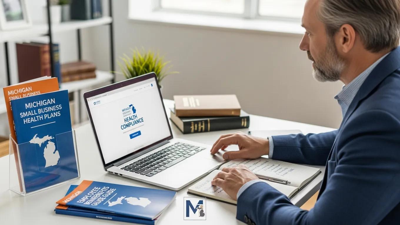Michigan employer accessing online resources for health insurance compliance on a laptop