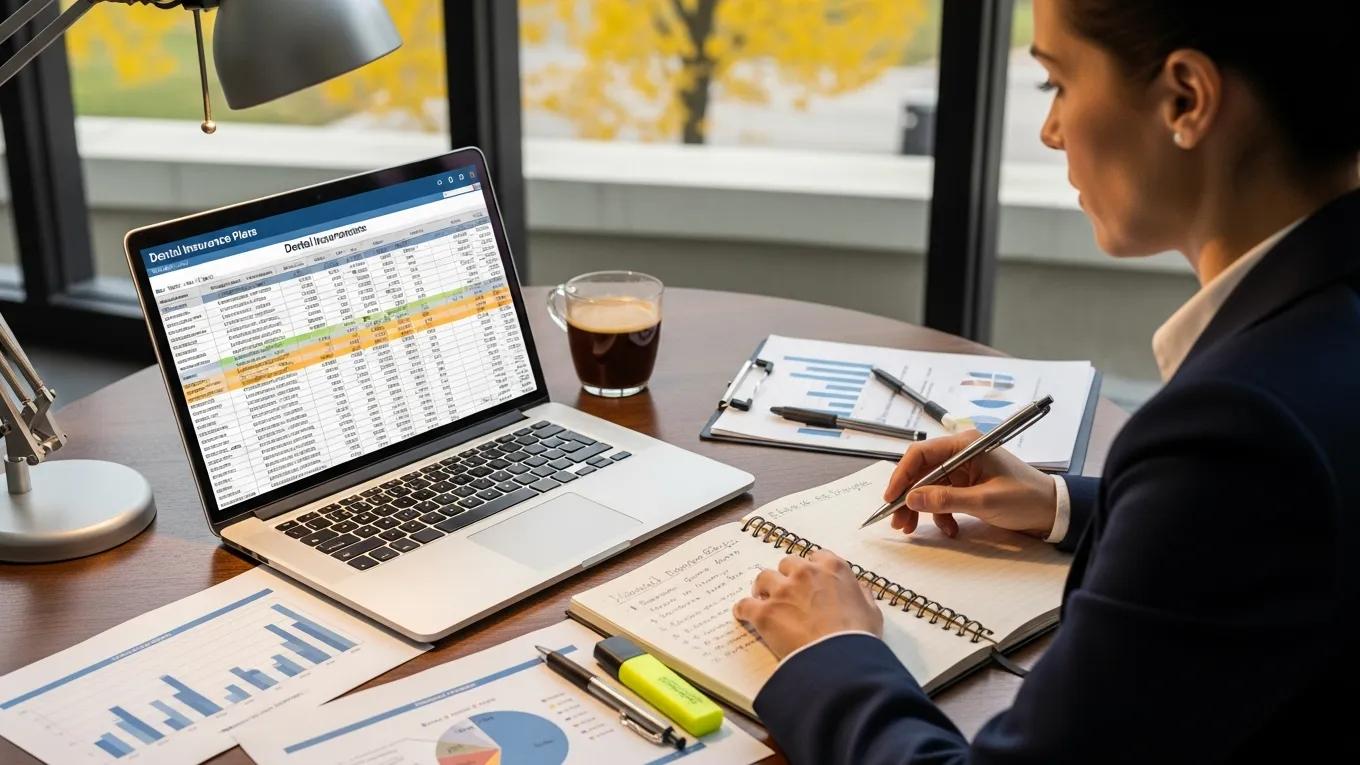 Michigan employer comparing various group dental insurance plans on a laptop with charts and notes