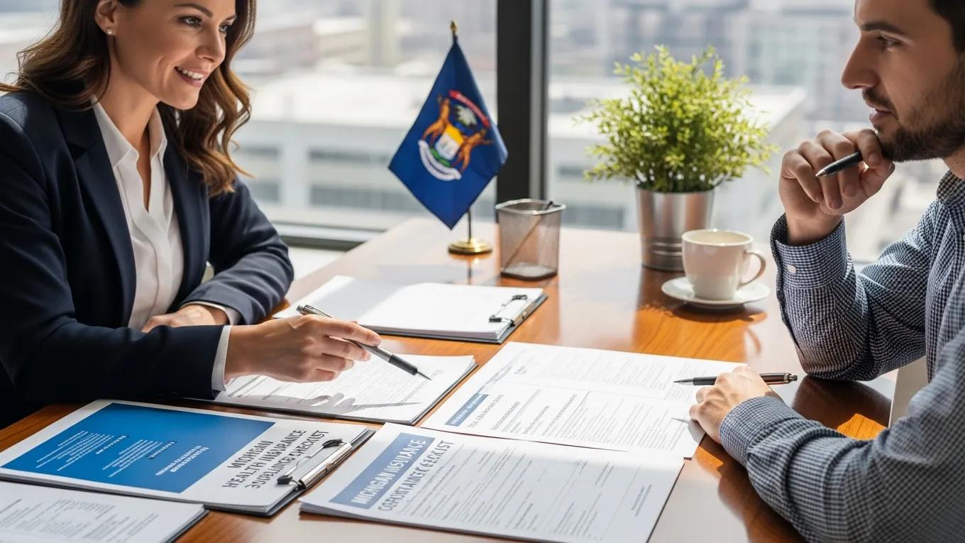 Michigan employer reviewing health insurance compliance documents with an employee