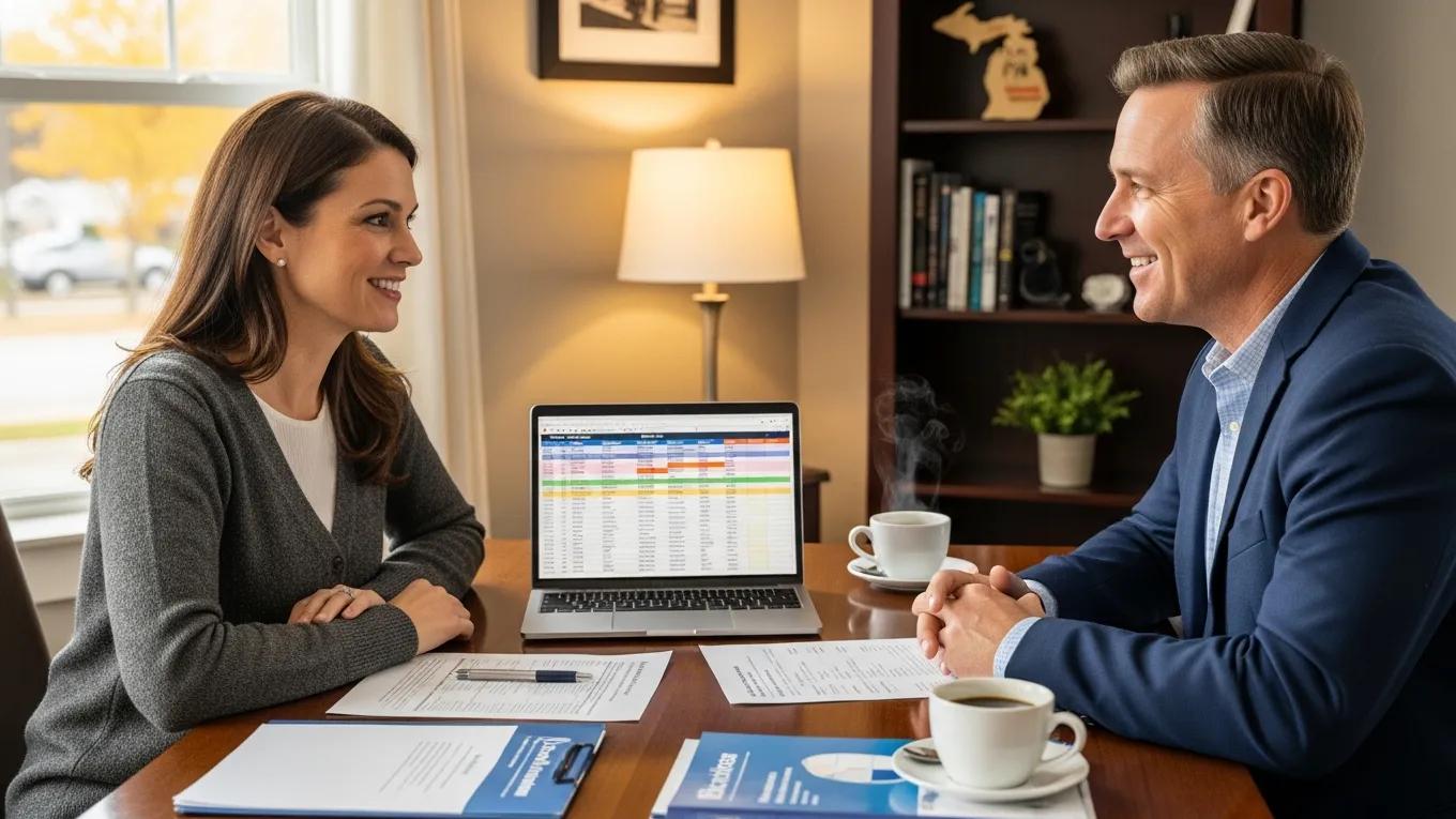 Michigan small business owner consulting with an insurance broker about affordable dental benefits