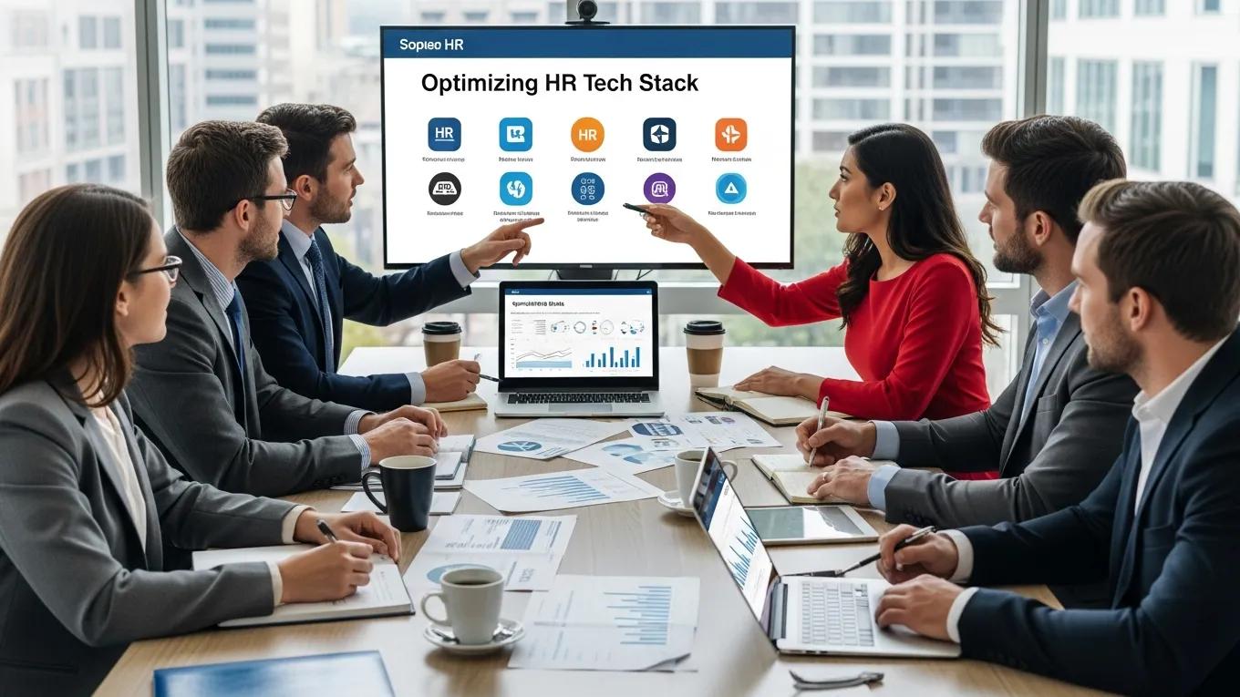 Multidisciplinary team discussing HR technology solutions in a professional setting