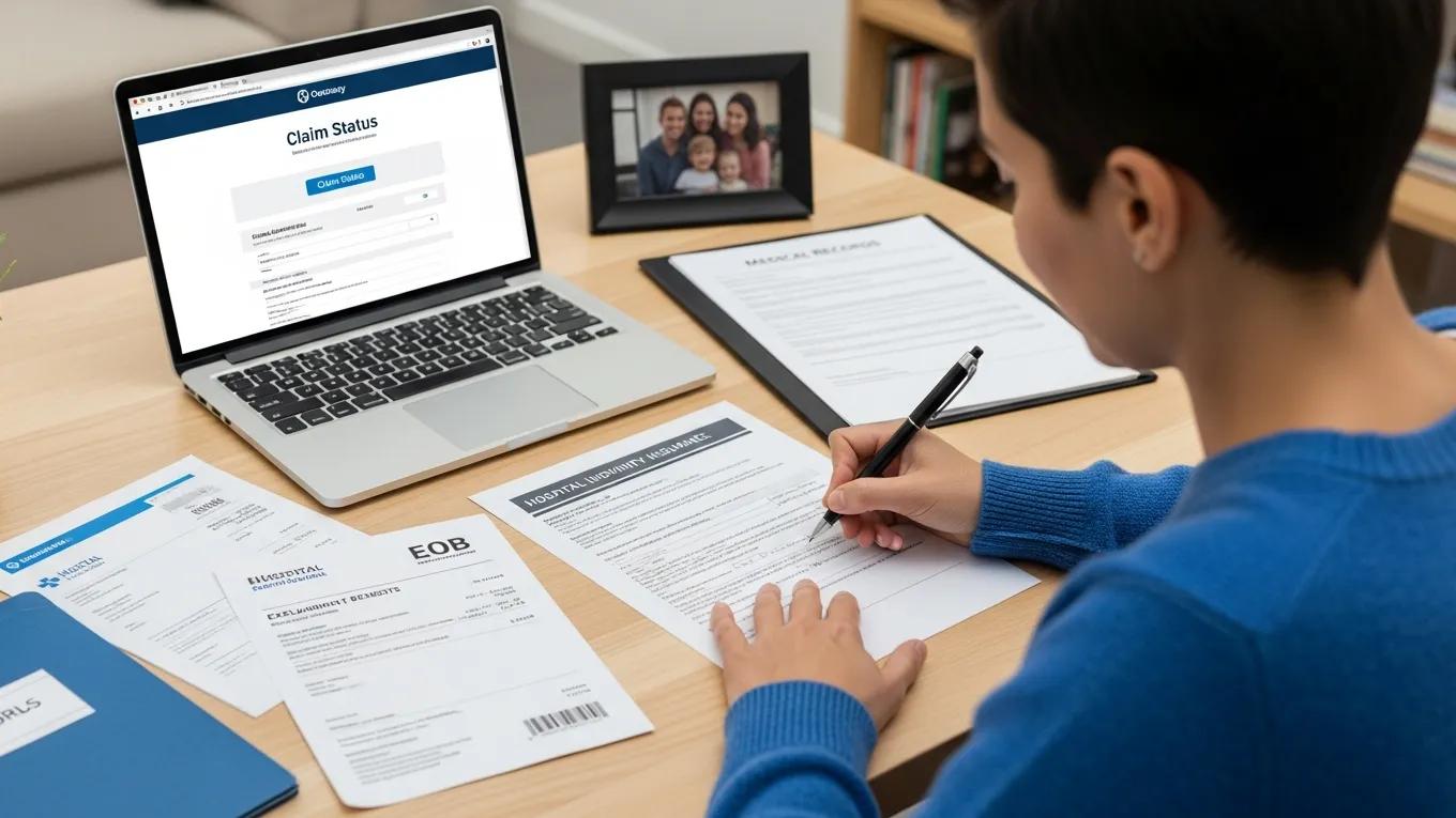 Person filling out a hospital indemnity insurance claim form, emphasizing the claims process
