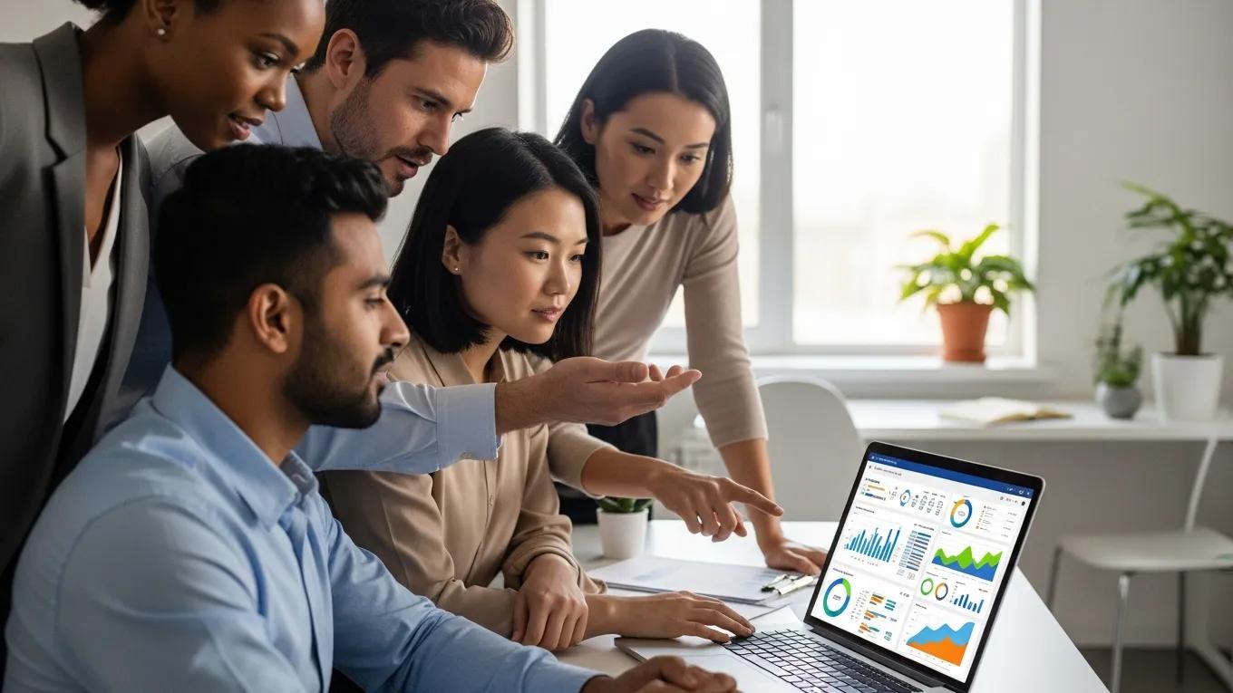 Professionals analyzing healthcare data related to stop-loss insurance in an office
