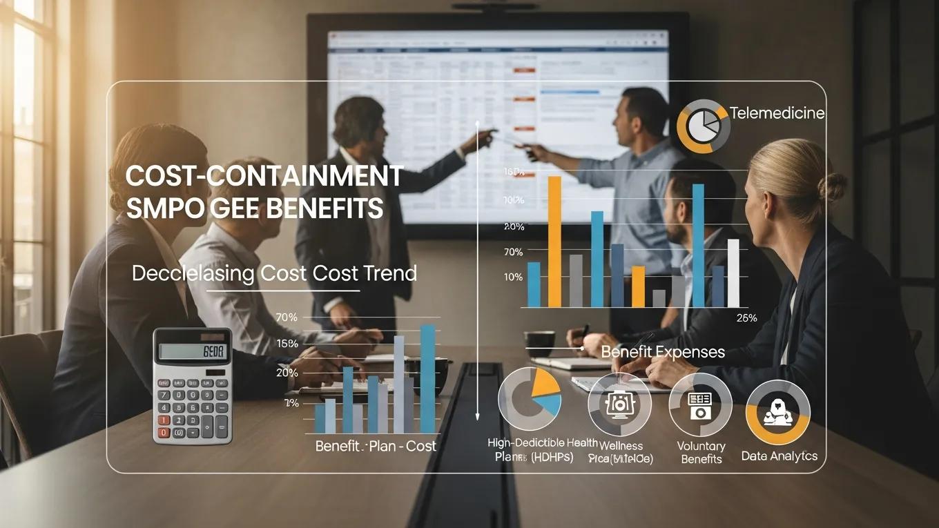 Professionals discussing cost-containment strategies for employee benefits in a conference room