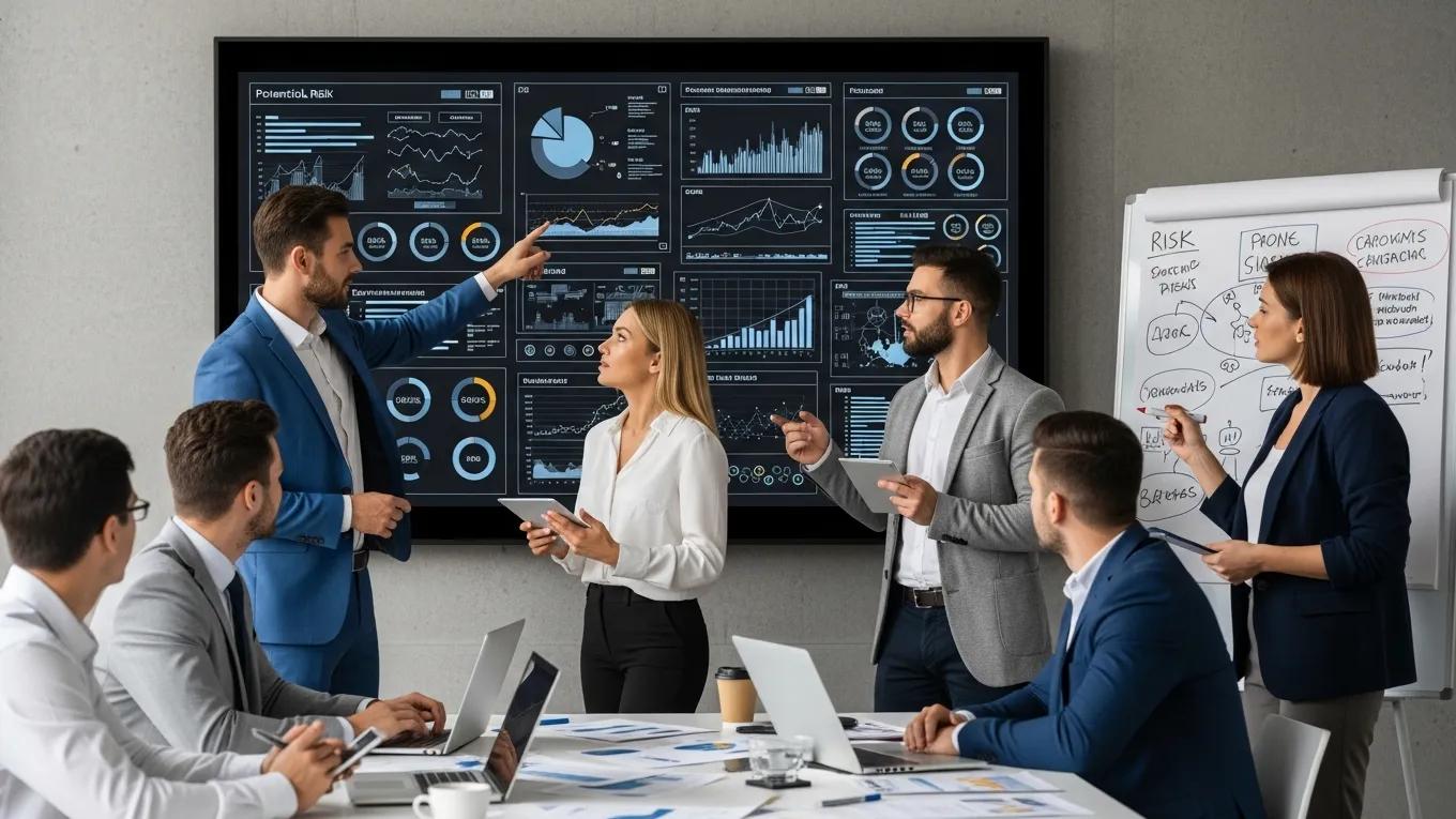 Professionals in a conference room discussing risk management strategies for ERISA compliance