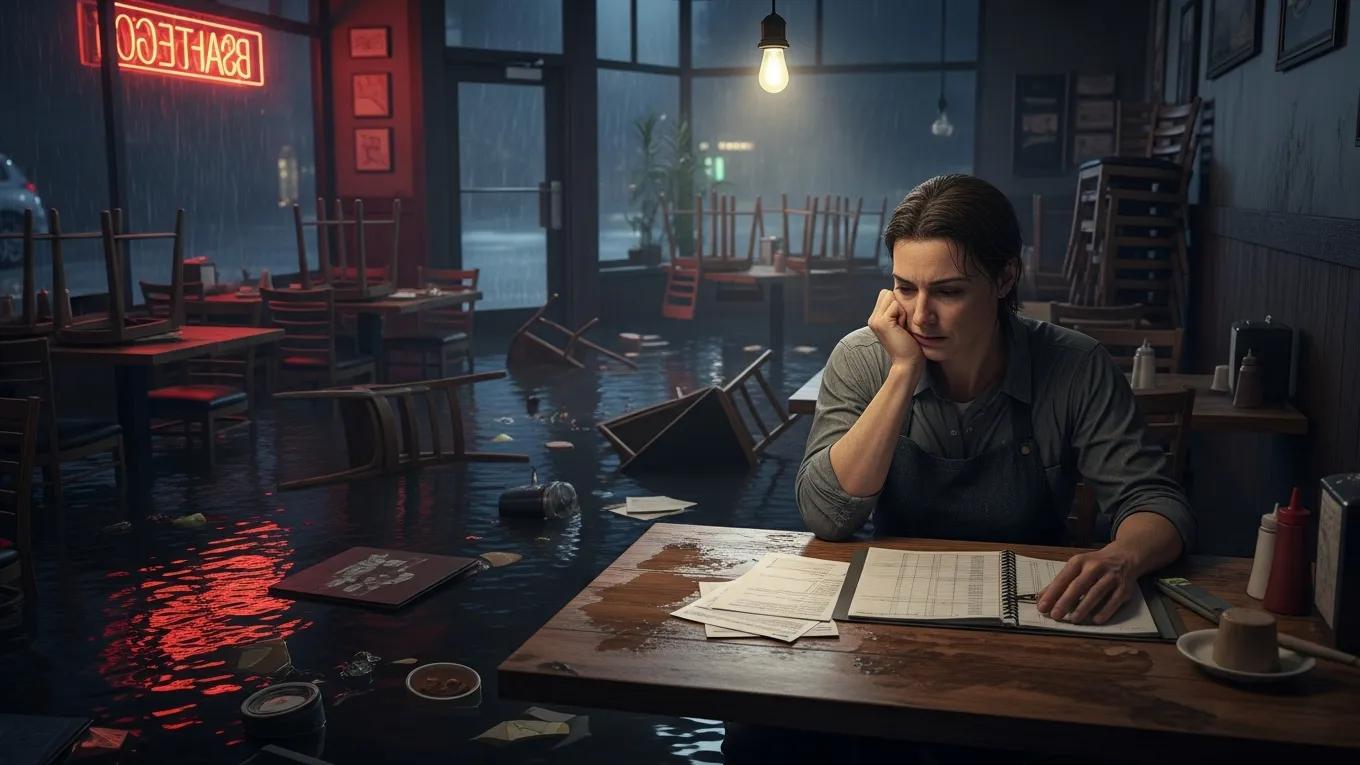 Restaurant owner assessing financial impact of business interruption due to flooding