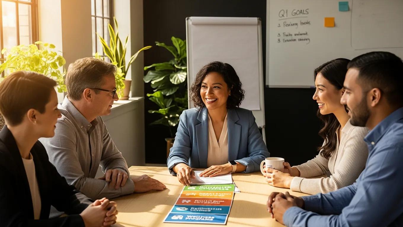 Small business owner discussing employee benefits with team in a modern office