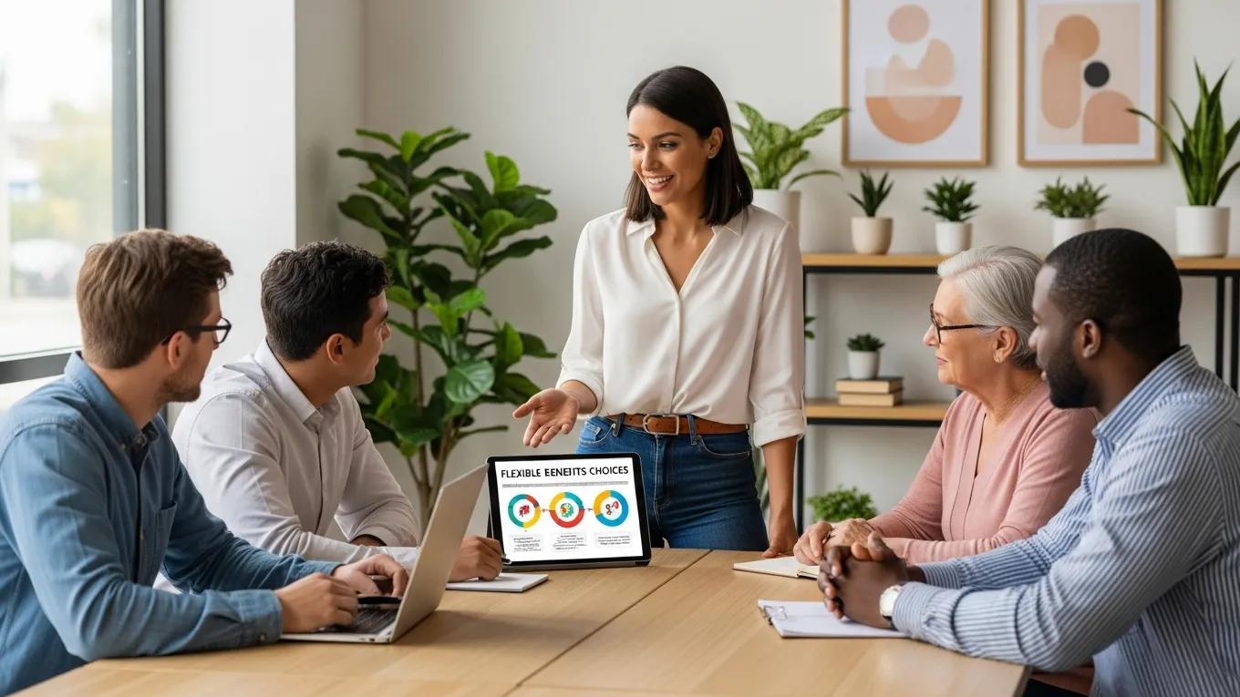 Small business owner discussing flexible benefits plans with employees