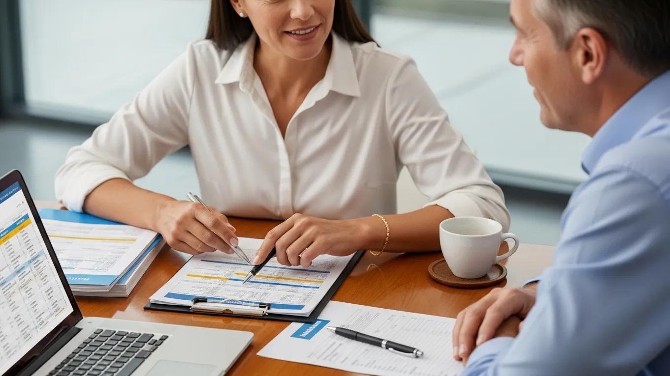 Small business owner discussing group health insurance options with a consultant
