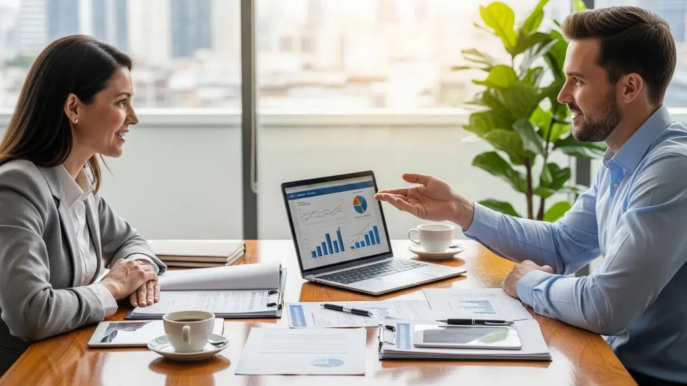 Small business owner discussing insurance options with an advisor in a professional setting