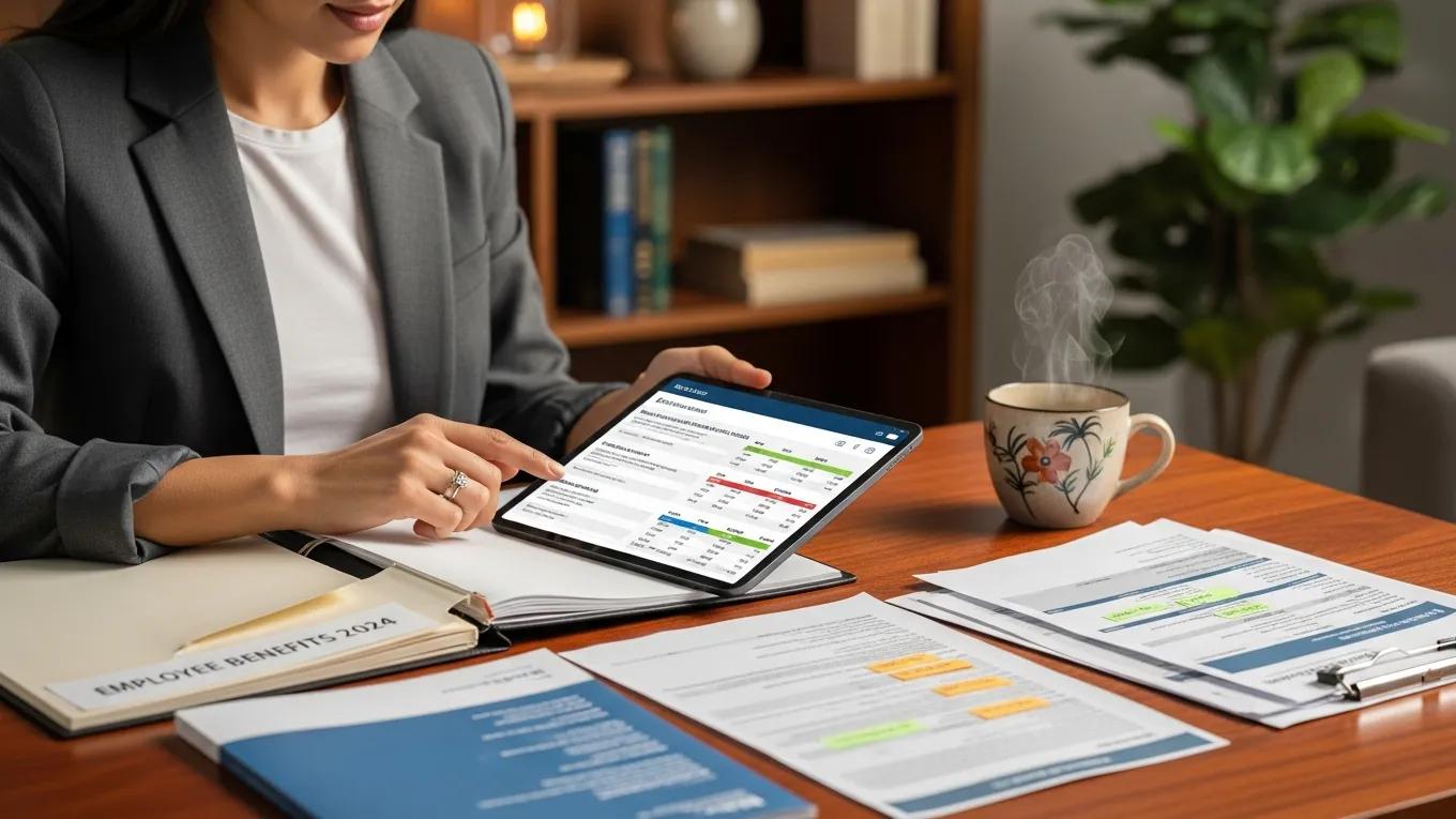 Small business owner reviewing health insurance options on a tablet in a cozy office