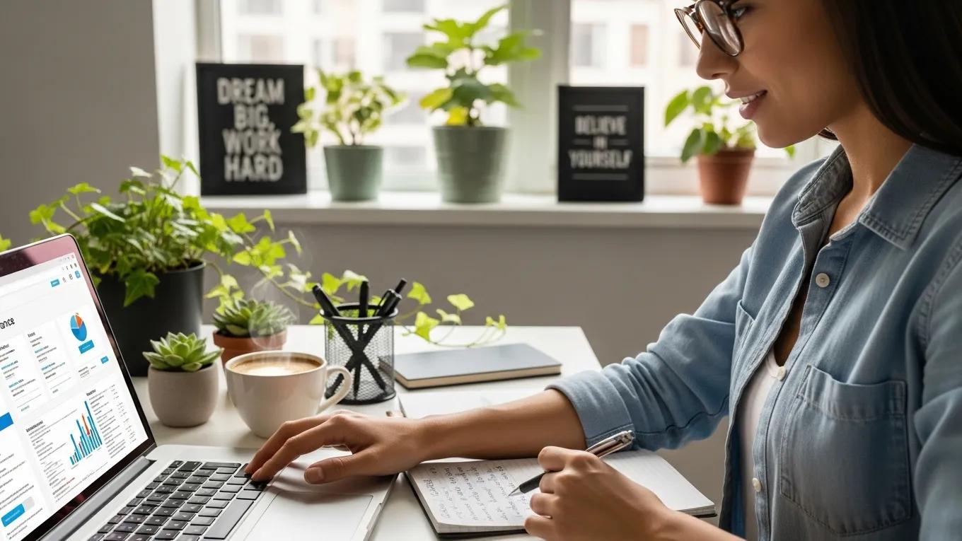 Small business owner reviewing insurance options in a cozy workspace