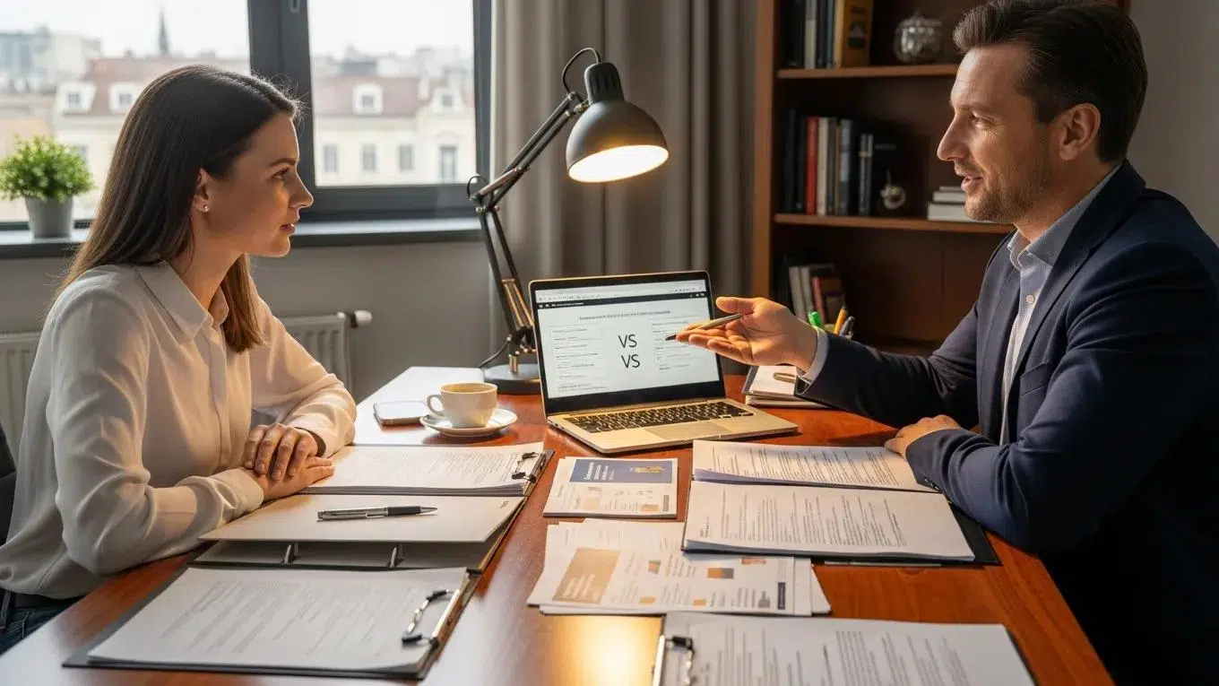 Small business owner reviewing insurance plans with an insurance broker in a cozy office