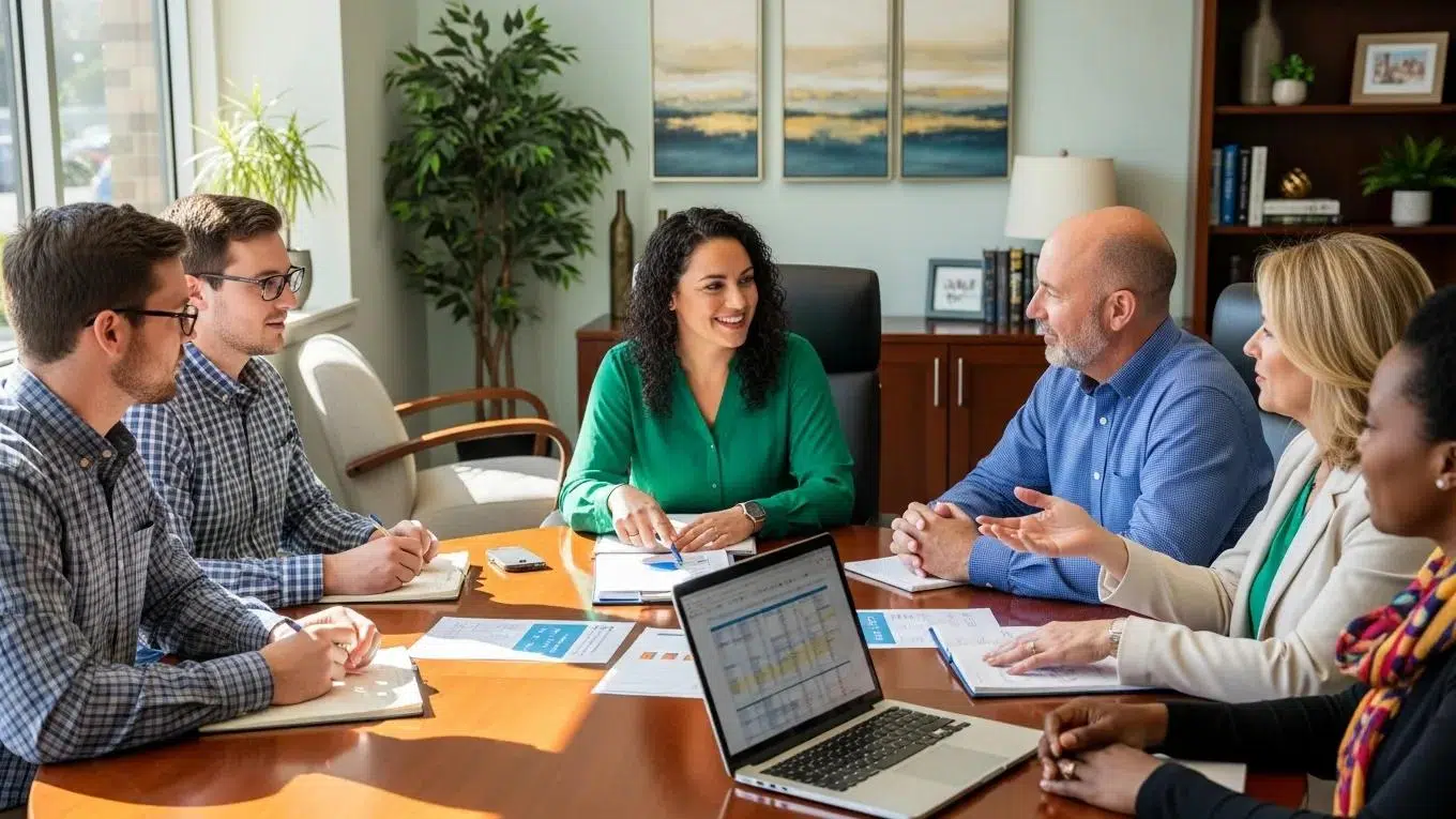 Small business owners collaborating on employee benefits consulting in a bright office setting.