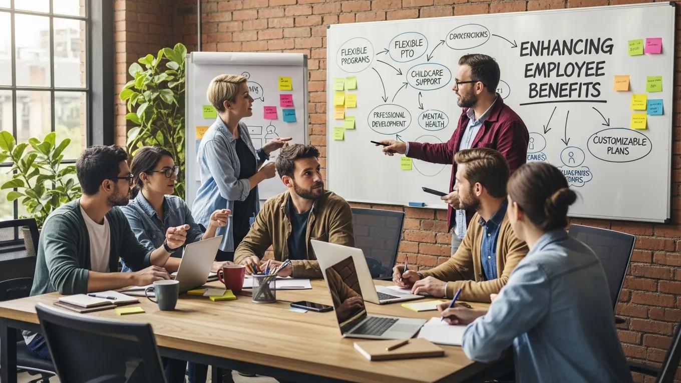 Small business team brainstorming strategies for enhancing employee benefits