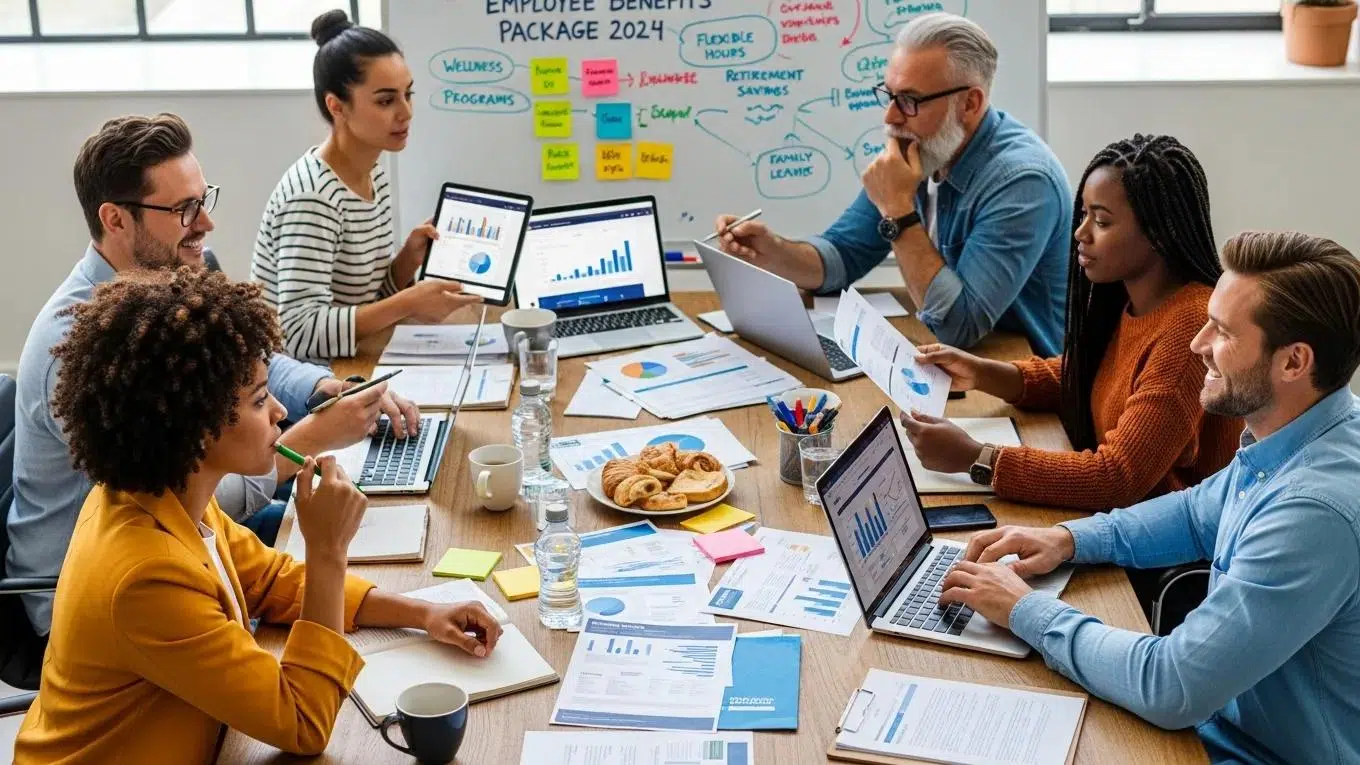 Small business team collaborating on customizing employee benefits packages