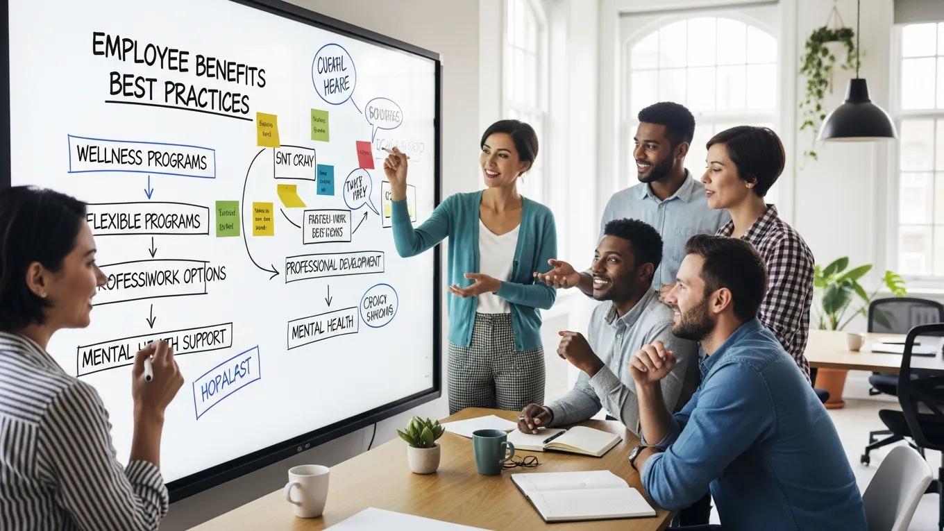 Team brainstorming best practices for optimizing employee benefits in a modern office