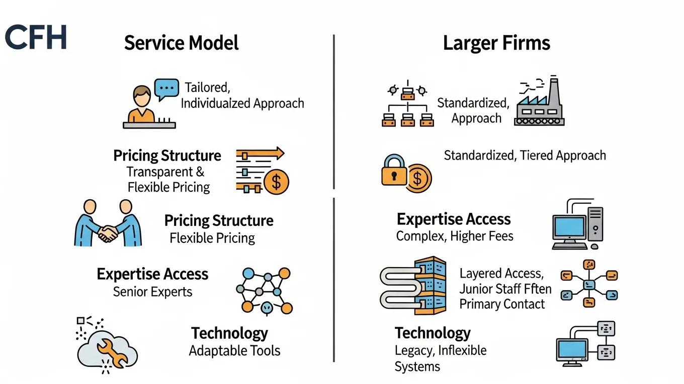 Visual comparison of CFH's personalized consulting services against larger firms, highlighting key differences in service delivery