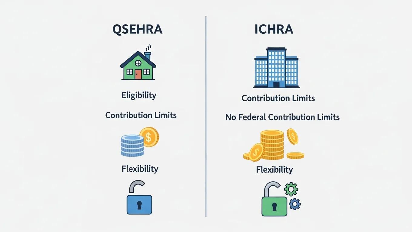 Visual comparison of QSEHRA and ICHRA highlighting key features and differences