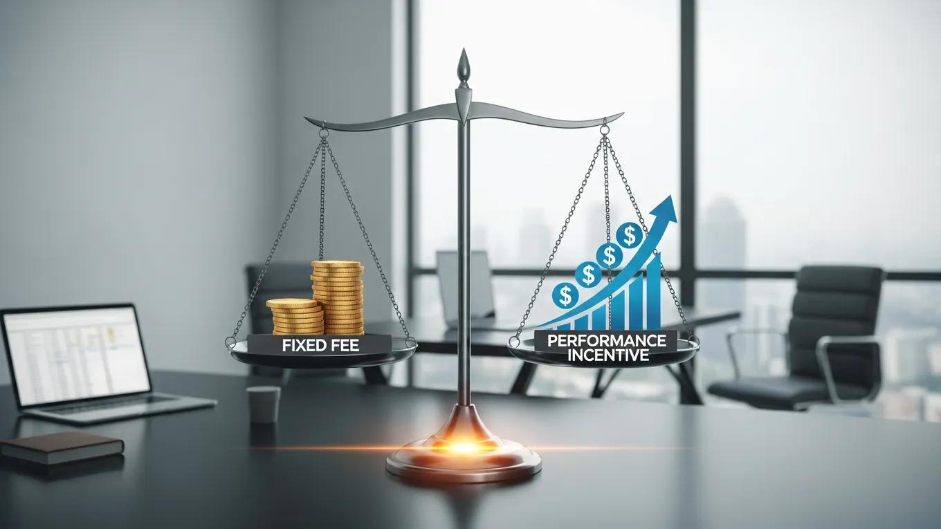 Visual metaphor of hybrid pricing models in employee benefits brokerage with a balanced scale