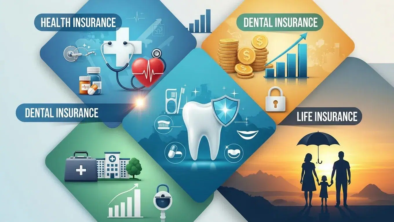 Visual representation of diverse insurance plans including health, dental, and life insurance options