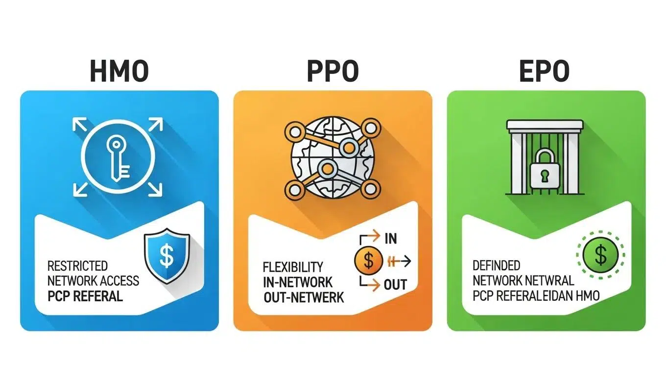 Visual representation of HMO, PPO, and EPO health insurance plans with distinct icons