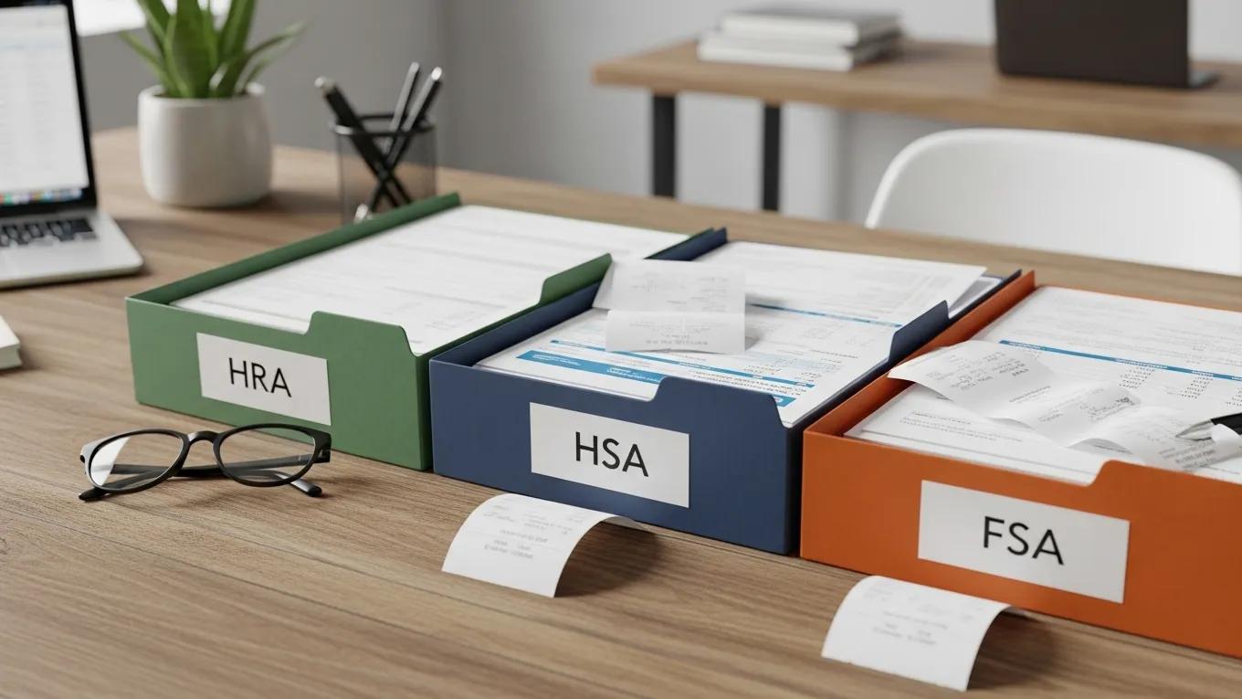 Folders labeled HRA, HSA, and FSA on a table in an office setting