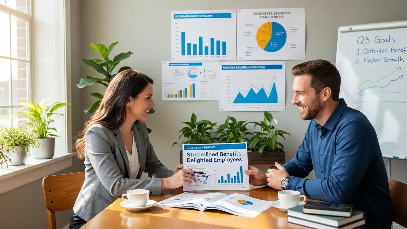 Small Michigan business owner reviewing a successful case study with an employee