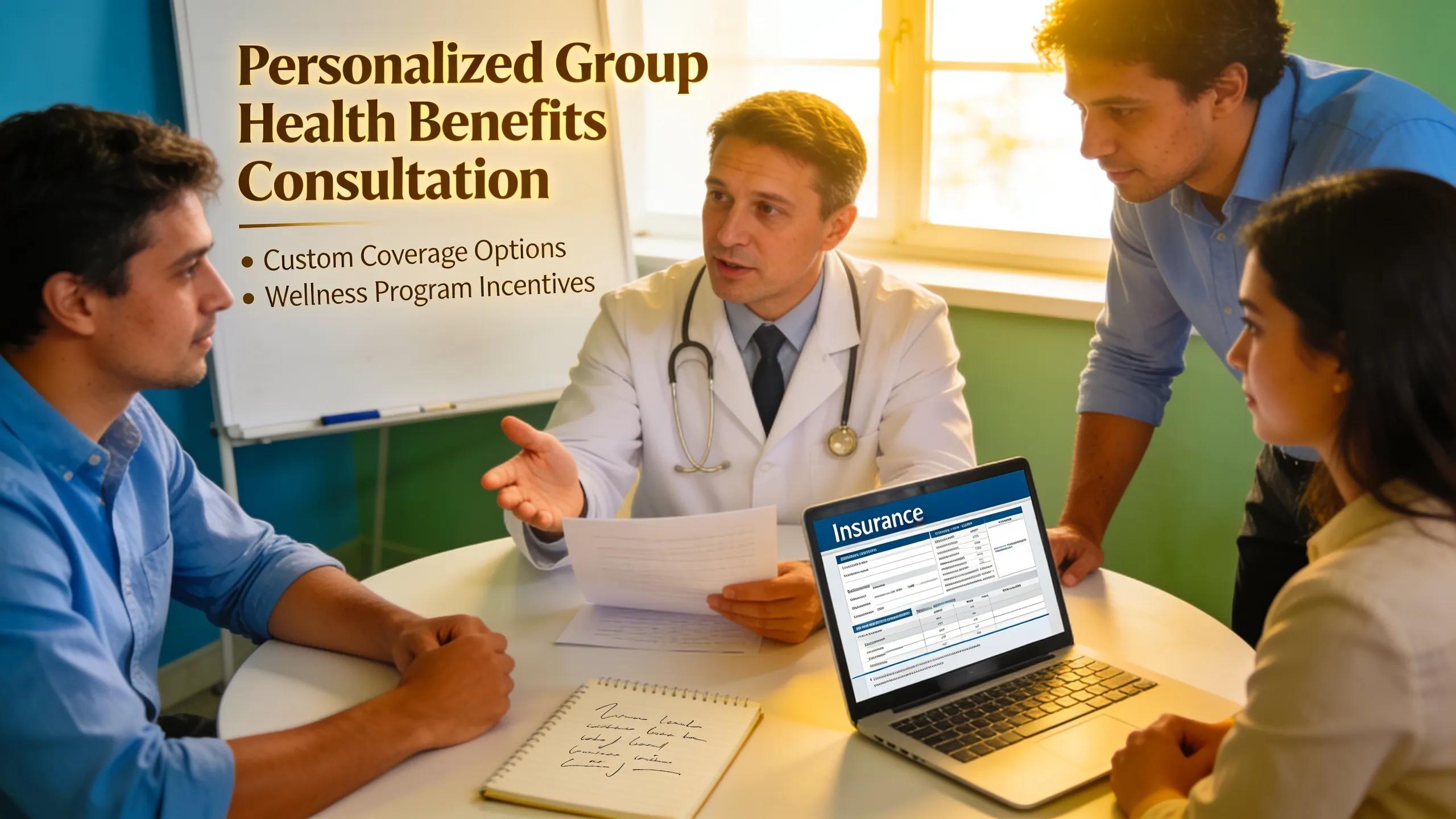 Healthcare professional consulting employees about group health insurance options in a bright office setting