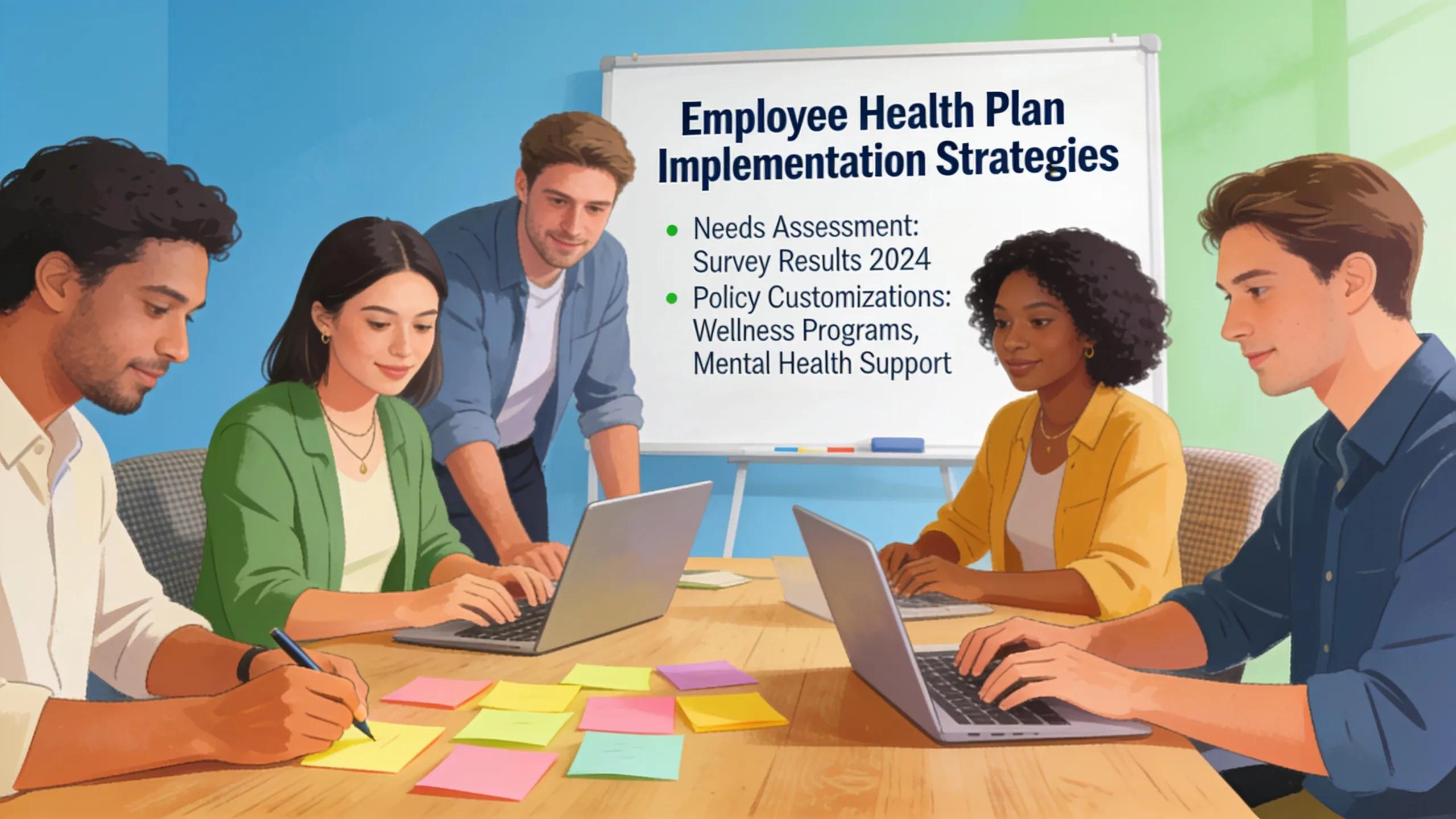 Team collaborating on implementation strategies for employee health plans in a creative office environment